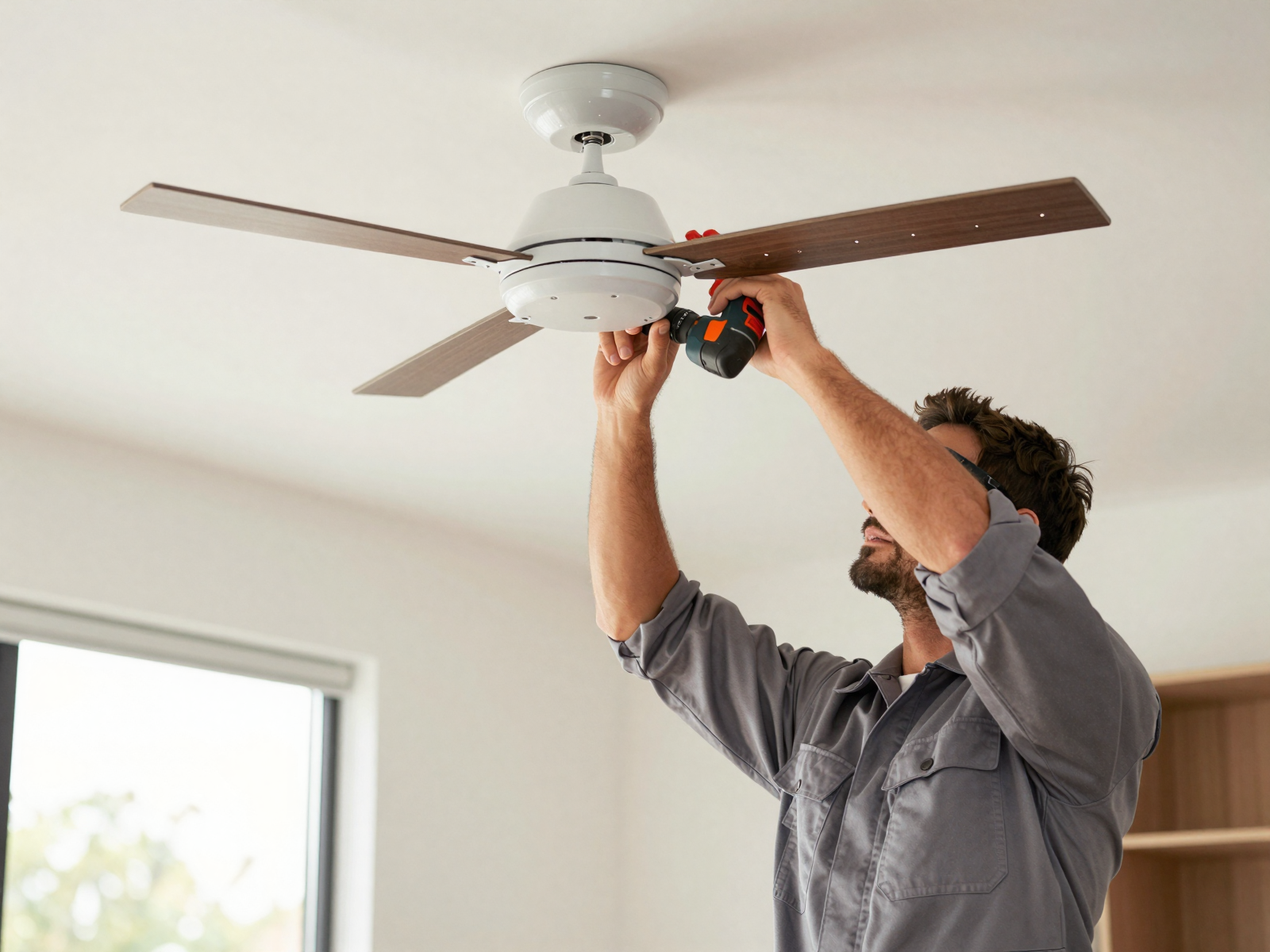 Residential electrician installing ceiling fan in modern living room