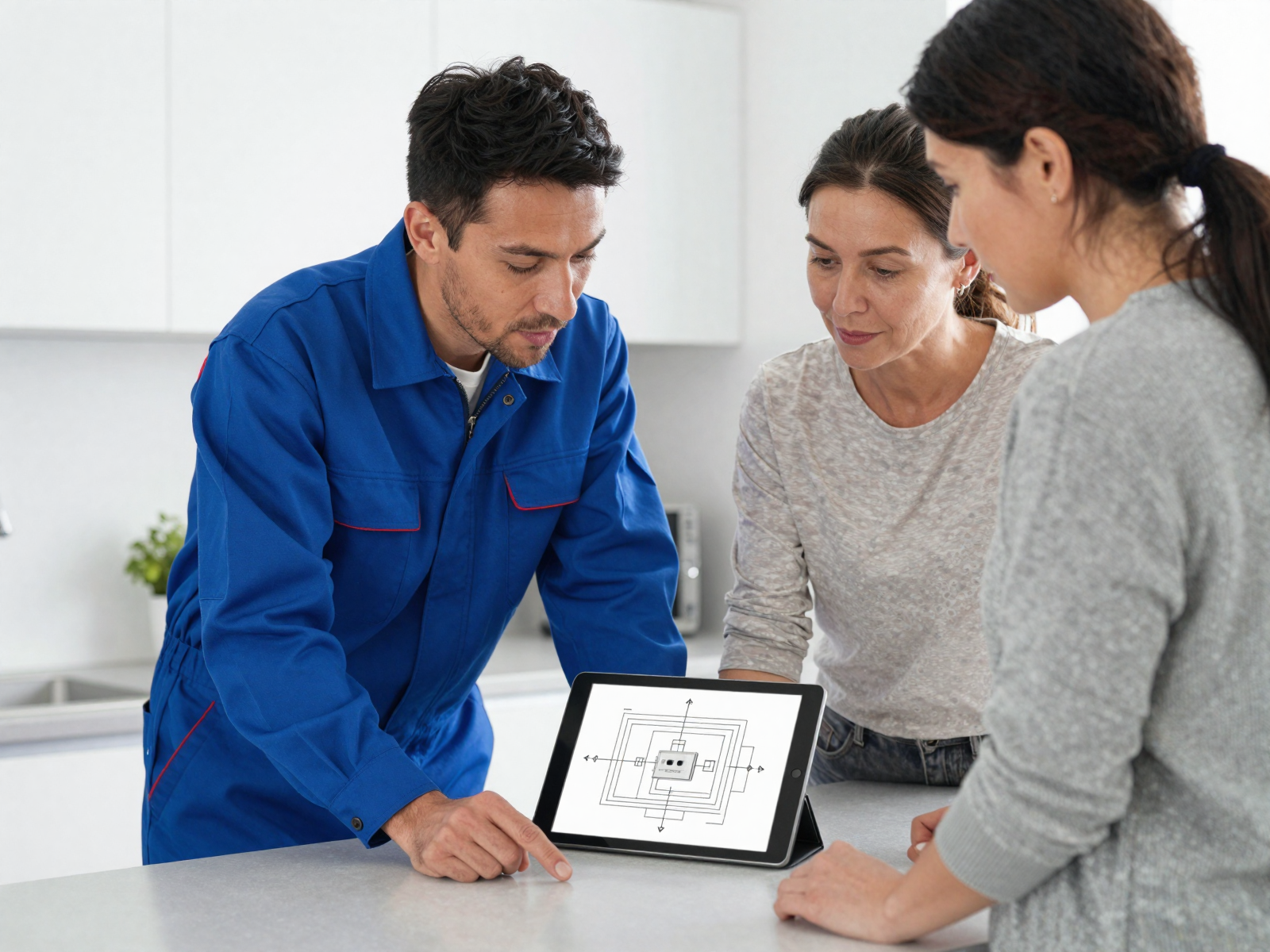 Electrician consulting with homeowner in kitchen with tablet